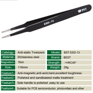 Anti-Static Super Fint Tip Straight Tweezers /BEST BST-ESD-13
