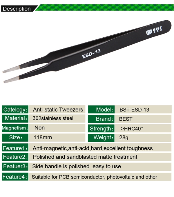 Anti-Static Super Fint Tip Straight Tweezers /BEST BST-ESD-13