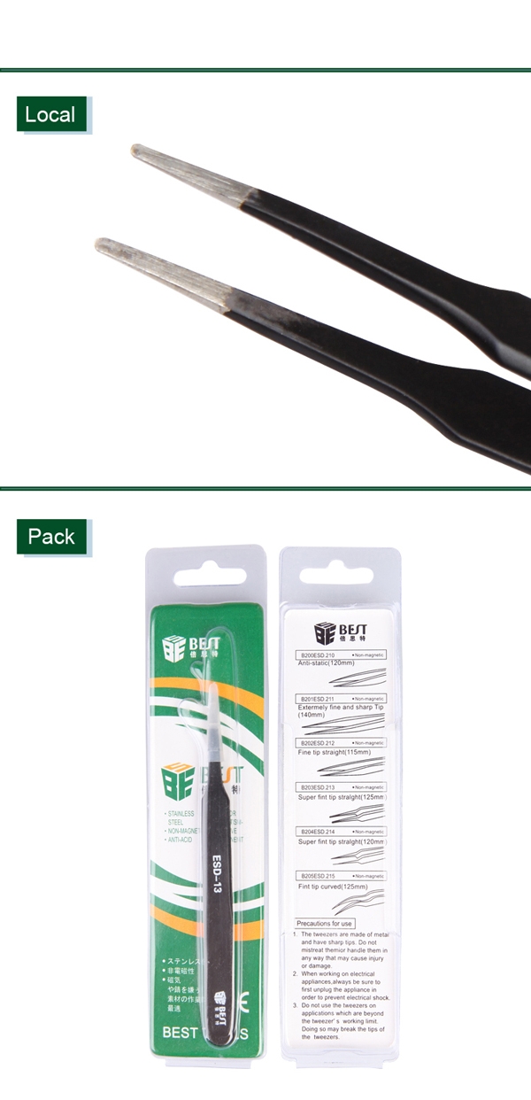 Anti-Static Super Fint Tip Straight Tweezers /BEST BST-ESD-13