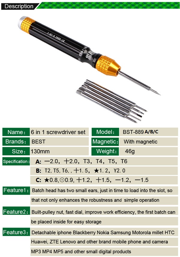 6 in 1 Muti-function Screwdriver Set for iPhone Samsung /BEST BST-889 A/B/C