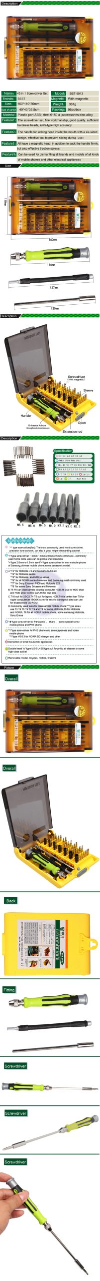 45 in 1 Precision Screwdriver Set Cell Phone Repair Tool Set Tweezers with hose /BEST BST-8913