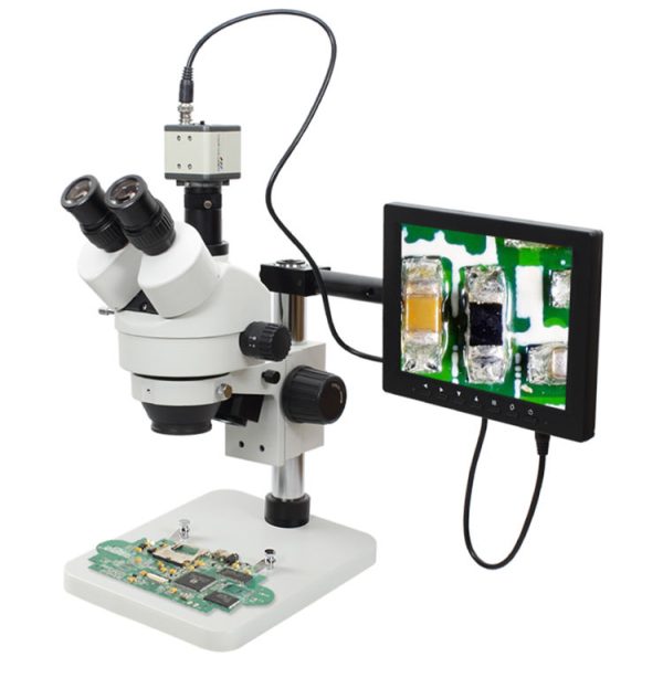 LCD Screen Continuous Zoom Binocular Visual 21-135X Trinocular Stereo Microscope+Industrial Camera+56 LED Light for LAB PC