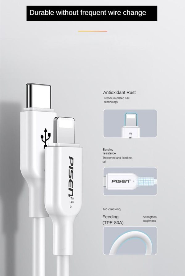 Pisen PD 30W 3A Phone Charging Data 3.0 Fast Charger Type-c to Lighting Cable for iPhone